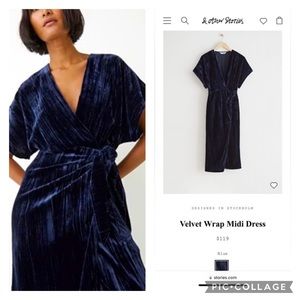 & Other Stories Velvet Wrap Midi Dress in Deep Navy Blue